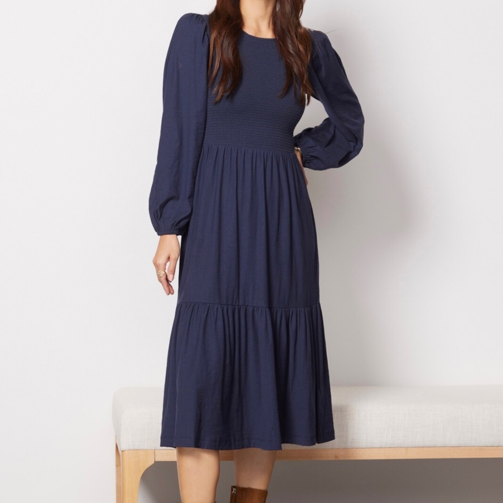 Nation LTD Navy Willow Easy Peasant Midi Dress, Small